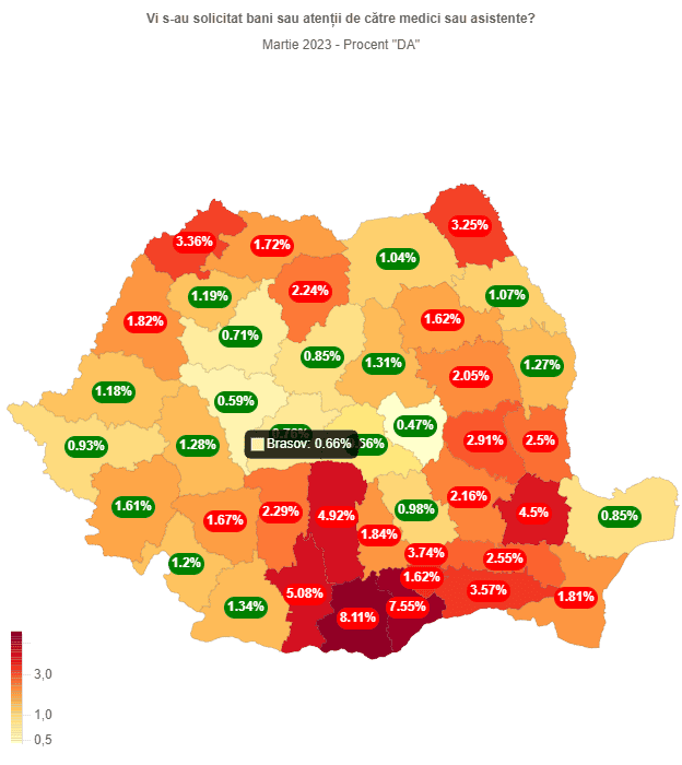 HARTA Șpăgii în spitale: județele Teleorman, Giurgiu și Olt au cele mai mari procente de pacienți care spun că personalul medical le-a cerut bani